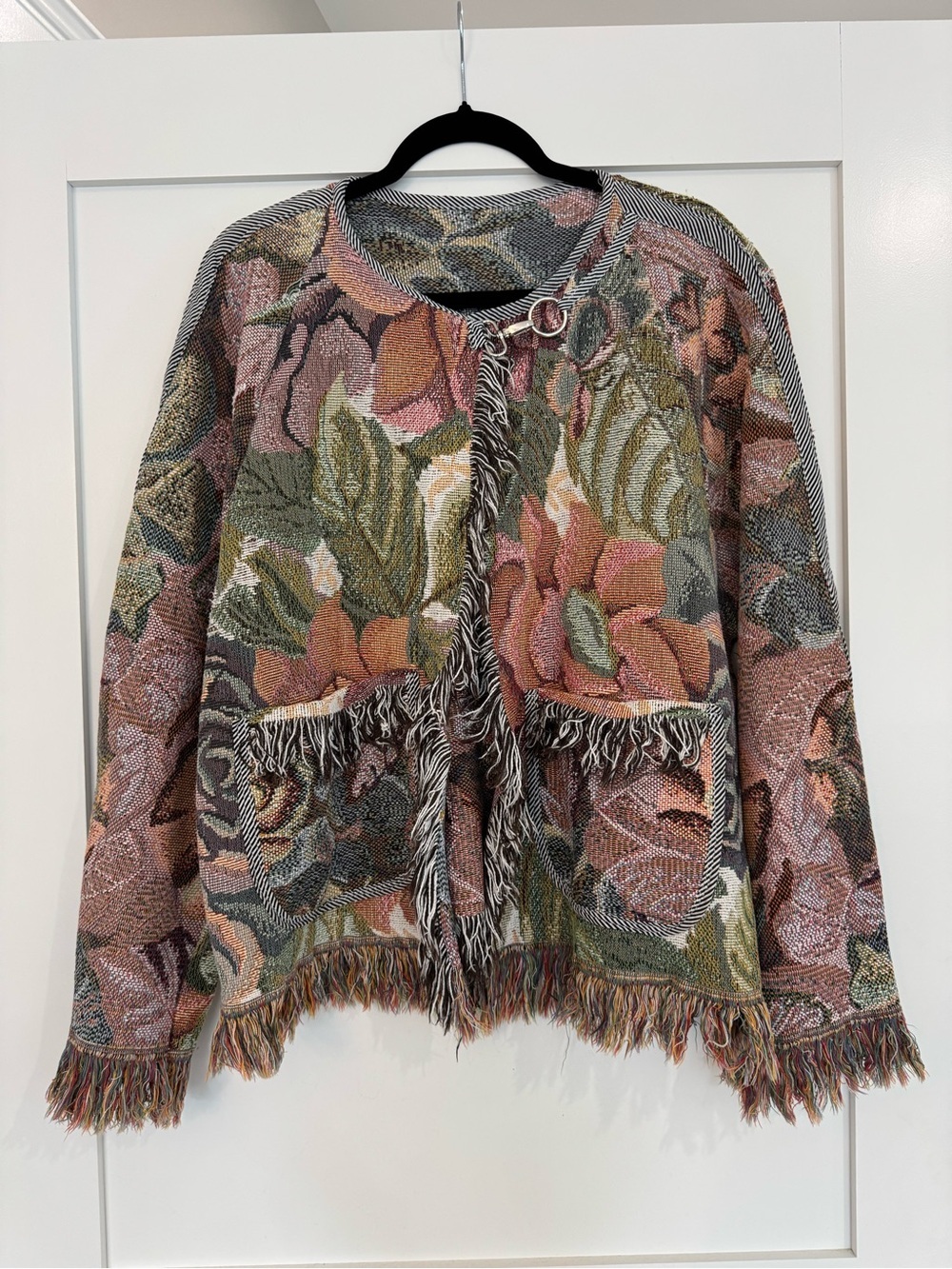 Handmade Floral Tapestry Fringe Jacket Oversized Boho Artsy Wearable Art